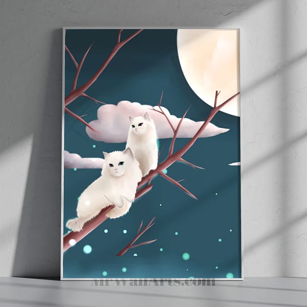Beautiful Dreaming Cats under Stars on a Tree Wall Art