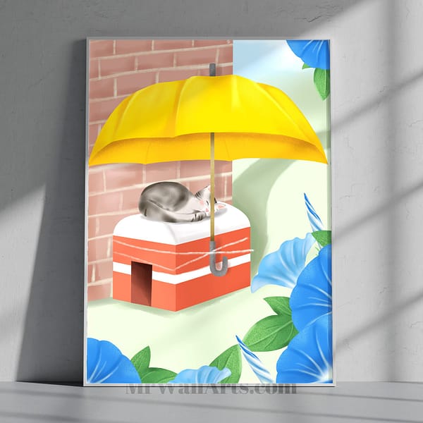 Colorful Backyard Scene of a Cat Sleeping on Ice Box