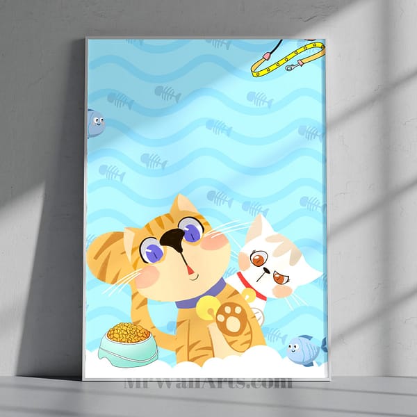 Columbia Blue Background with Two Excited Kittens Wall Art