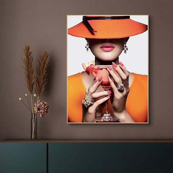Elegance — Modern Woman in Orange with Wine Glass Wall Art