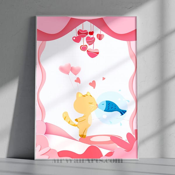 It's All About Love-Cat and Fish Kissing Pink Wall Art