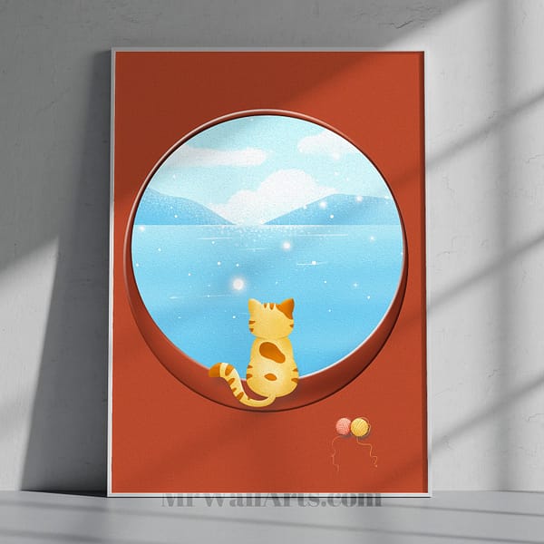 Lonely Cat Looking Outside Through a Round Window