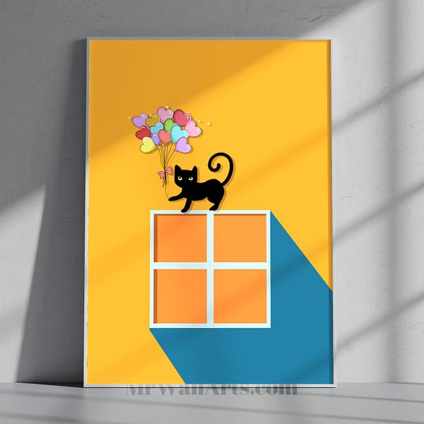 Minimalist Black Cats with Heart-shaped Ballons