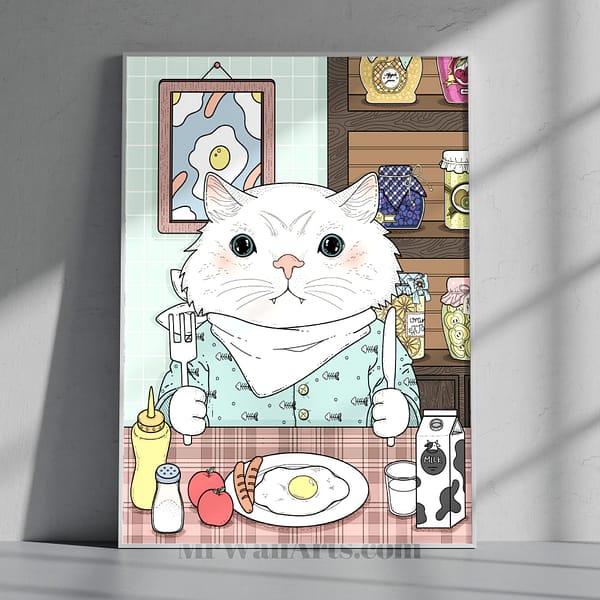 Modern Cat Having Dinner Illustration Print for Office Decor