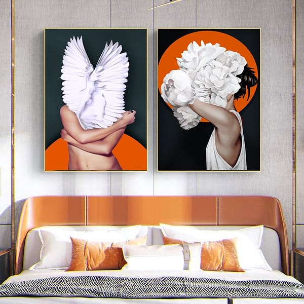 2 Sets of Abstract Orange Figures with Feather Wall Arts 2 Sets of Abstract Orange Figures with Feather Wall Arts