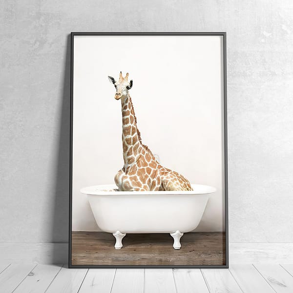 Giraffe Sitting in a White Clawfoot Bathtub Wall Art