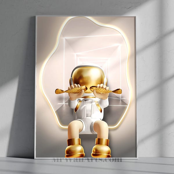 Golden KAWS with 2 Fish Sitting Figure Wall Art Golden KAWS with 2 Fish Sitting Figure Wall Art