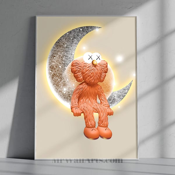Modern Orange KAWS Sitting on Crescent Moon Wall Art Modern Orange KAWS Sitting on Crescent Moon Wall Art
