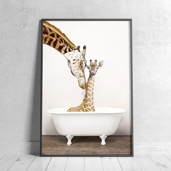 Mother and Kid Giraffes in White Bathtub Playful Digital Art