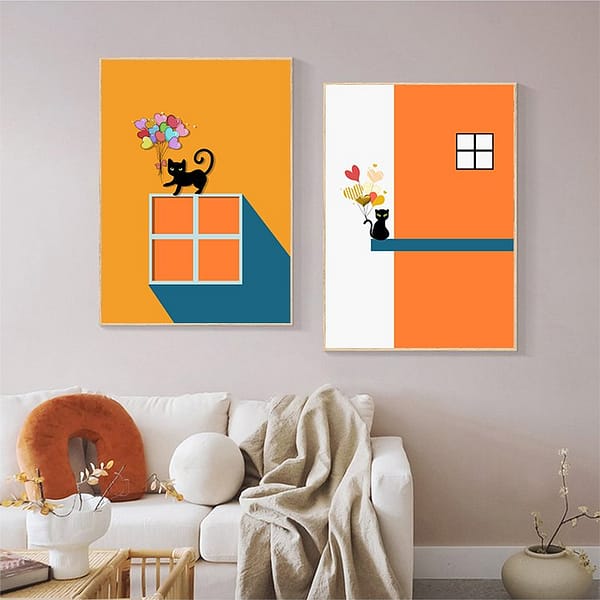 Orange and Blue Black Cat Minimalist Digital Print Set