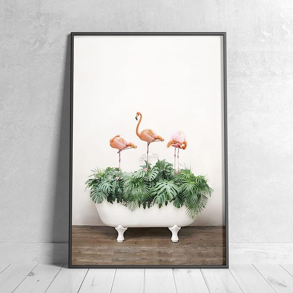 Three Flamingos Beach in a White Clawfoot Bathtub Wall Art