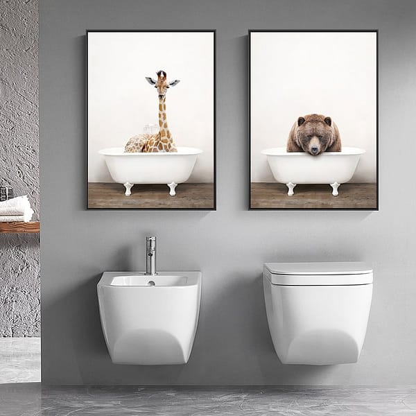Mother Giraffe, Giant Bear in Bathtub Playful Wall Art