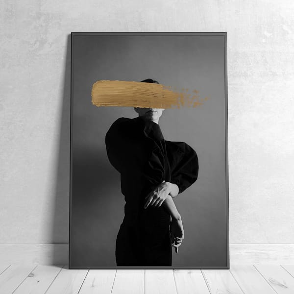 Modern Grayscale Portrait with Gold Brushstroke Accent Poster