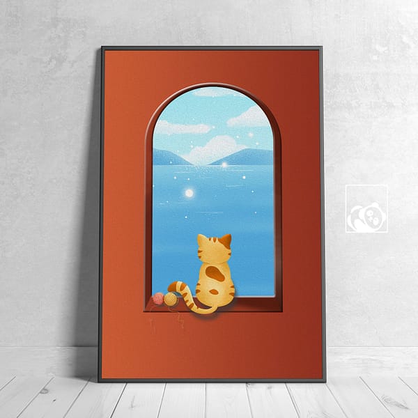 Peaceful Cat and Window Interior Wall Art Poster