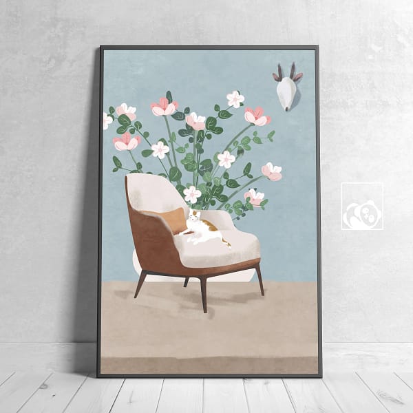 Soft Light Cat Relaxation in Floral Chair Wall Art Poster - 20 Soft Light Cat Relaxation in Floral Chair Wall Art Poster
