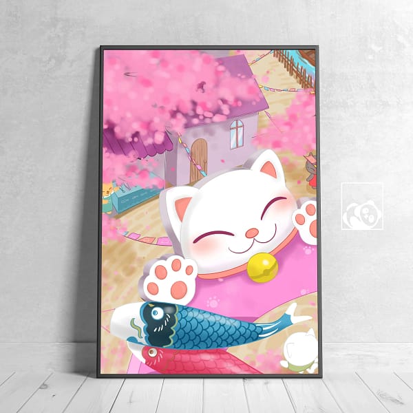 Tranquil Home Scene with White Cat Art Print - 2 Tranquil Home Scene with White Cat Art Print