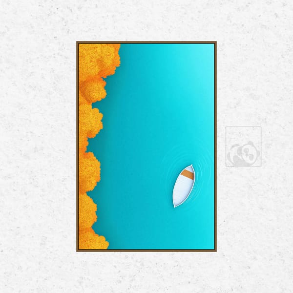 Solitary White Rowboat on Tranquil Lake Aerial Scene Wall Art