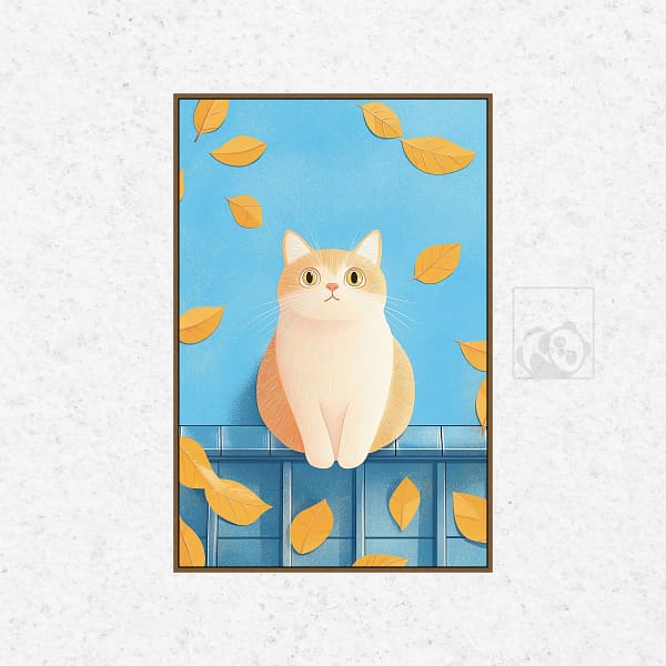 Autumn Ginger Cat on Blue Fence Whimsical Wall Art
