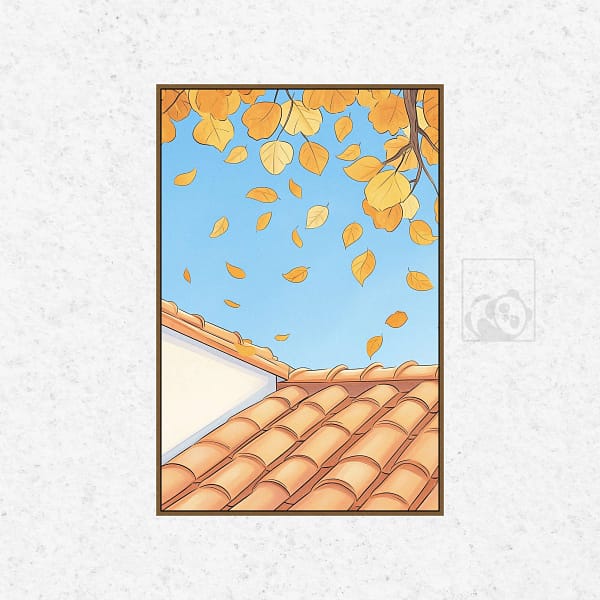 Autumn Leaves over Terracotta Roof Illustration Wall Art