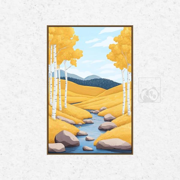 Tranquil Stream in Golden Meadow Landscape Wall Art