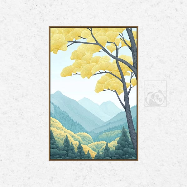 Tranquil Autumn Mountain Valley with Ginkgo Tree Wall Art