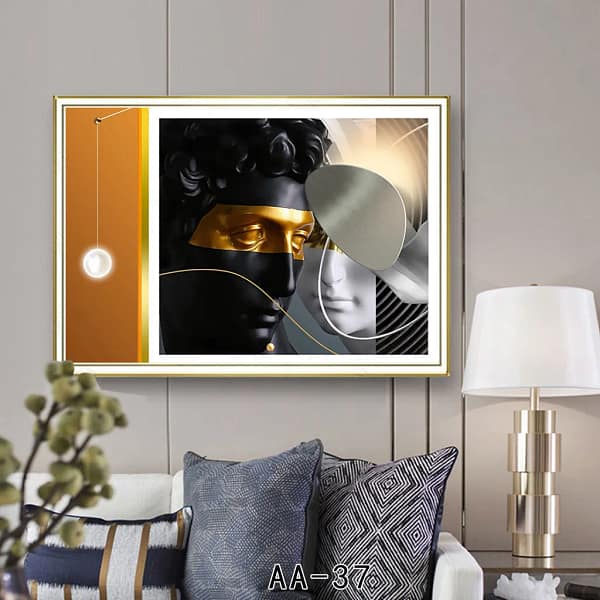 Abstract Dual Busts with Golden Mask Modern Wall Art