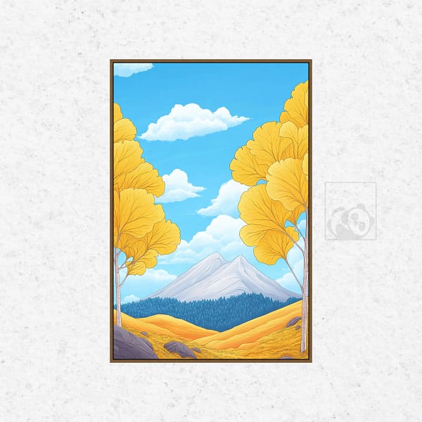 Snow-Capped Mountain with Golden Hills and Birch Trees Wall Art