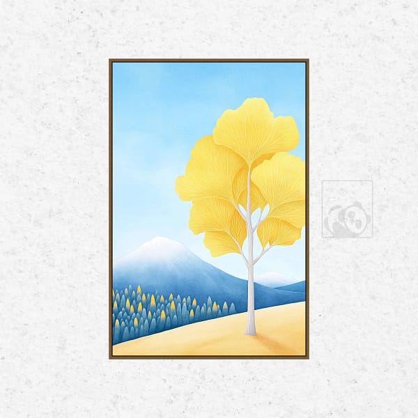 Golden Ginkgo Tree in Tranquil Mountain Landscape Wall Art