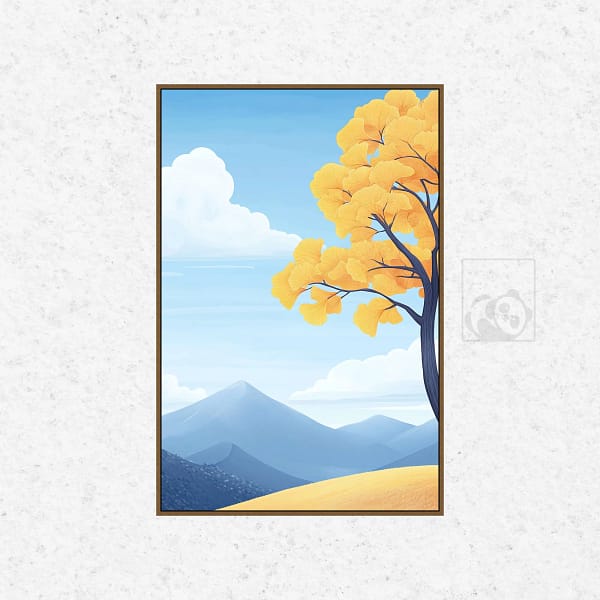 Golden Ginkgo Tree with Serene Mountain Landscape Wall Art