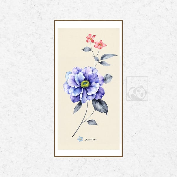 Blue Peony and Red Blooms Botanical Watercolor Wall Art