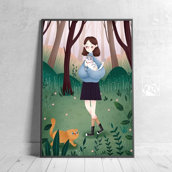 Cat Lover with Cats in Forest Scene Art Print
