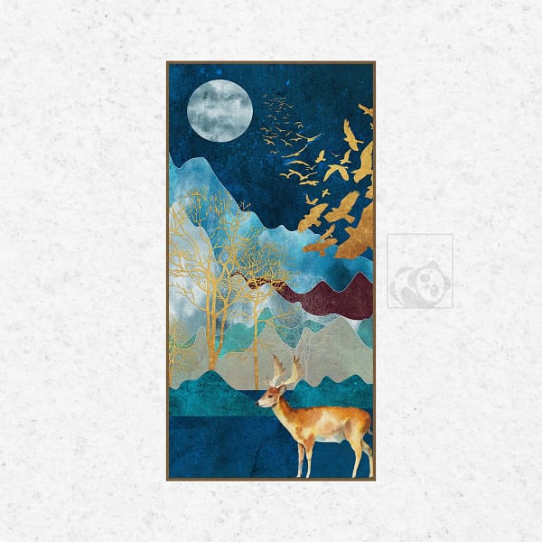 Celestial Deer Silhouette in Midnight Forest Night Wall Art