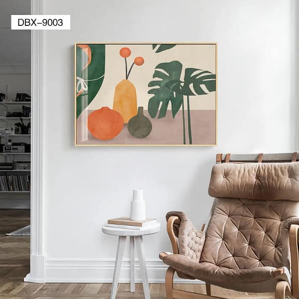 DBX-9003-Mid-Century Vases, Monstera Leaves, and Orange Fruits Wall Art Mid-Century Vases, Monstera Leaves, and Orange Fruits Wall Art