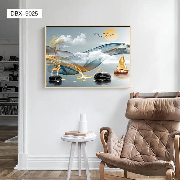 Golden Deer Dreamscape with Sailboat and Rising Sun Wall Art