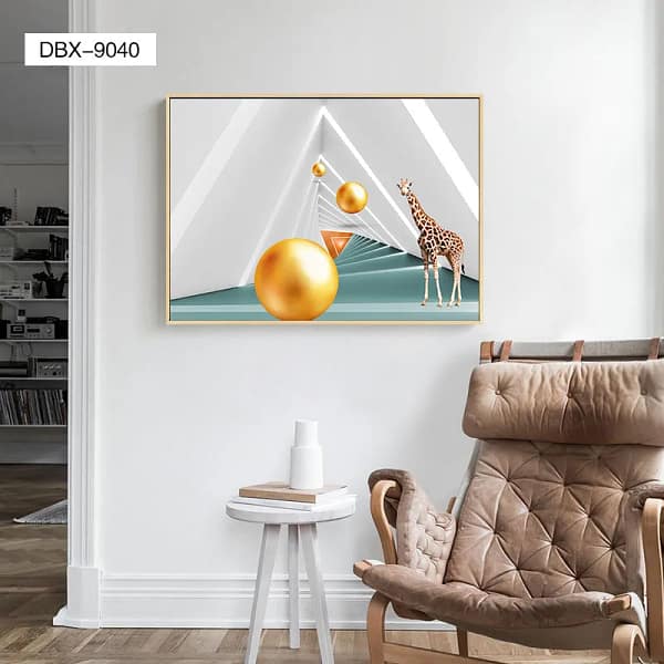Whimsical Giraffe in Geometric Tunnel with Floating Gold Spheres Wall Art