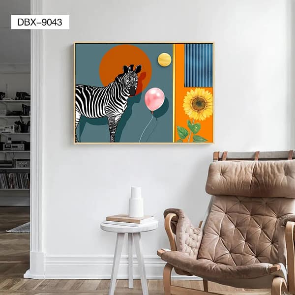 DBX-9043-Whimsical Zebra with Sunflower and Abstract Shapes Wall Art Whimsical Zebra with Sunflower and Abstract Shapes Wall Art