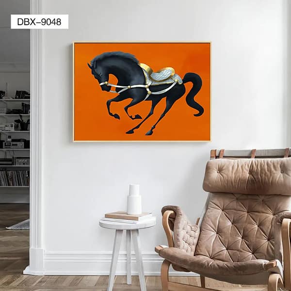 Regal Black Horse Prancing Against Orange Background Wall Art