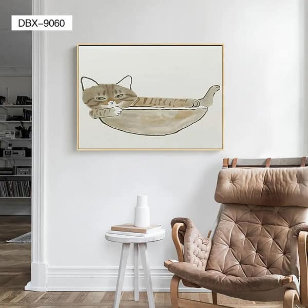 Grumpy Tabby Cat in Bowl Watercolor Wall Art