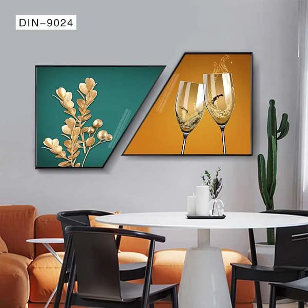 DIN-9024-Golden Foliage on Teal Background Dining Wall Art Golden Foliage on Teal Background Dining Wall Art