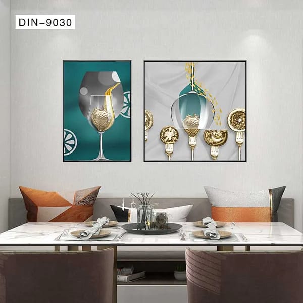 Whimsical Golden Fruit and Wine Glass Diptych Wall Art