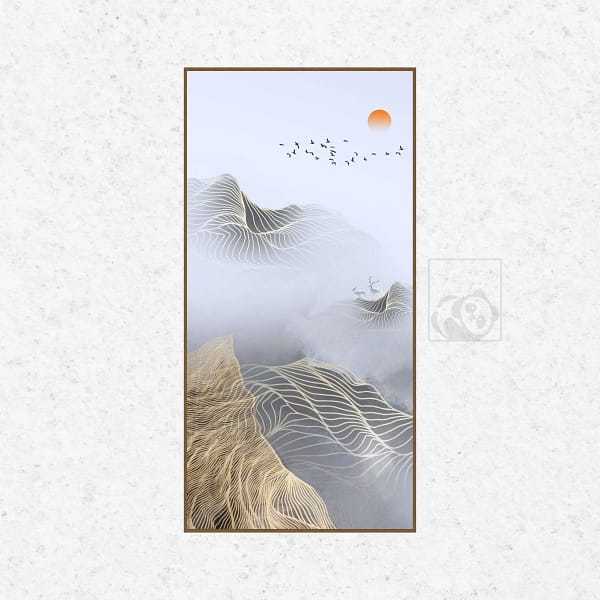 Ethereal Mountain Landscape with Deer and Golden Accents Wall Art