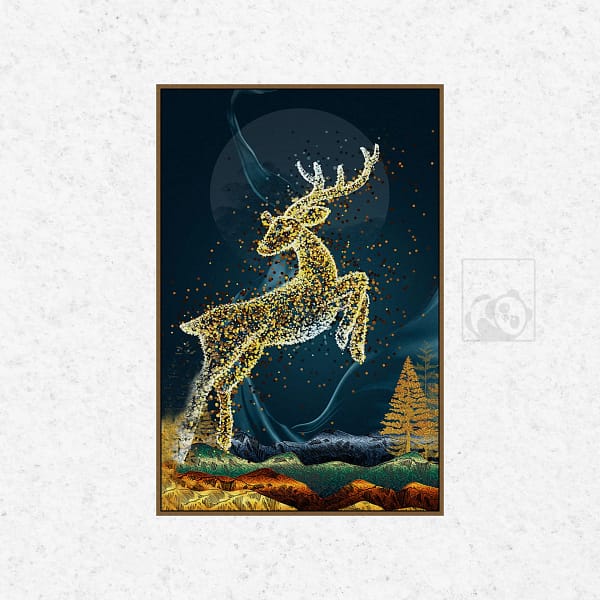 Golden Deer Leaping in Art Nouveau Forest Wall Art