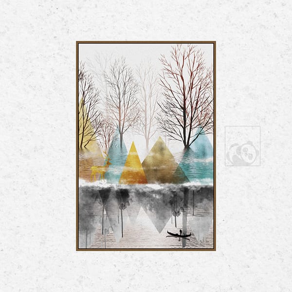 Golden Deer and Tranquil Lake Modern Landscape Wall Art