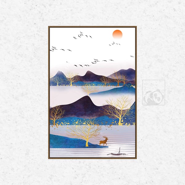 Golden Deer by Lake in Minimalist Landscape Wall Art