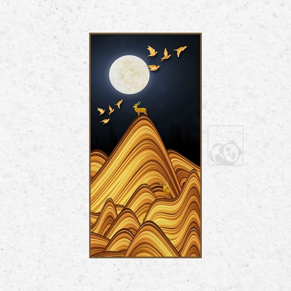 Golden Deer on Moonlit Hills Decorative Wall Art
