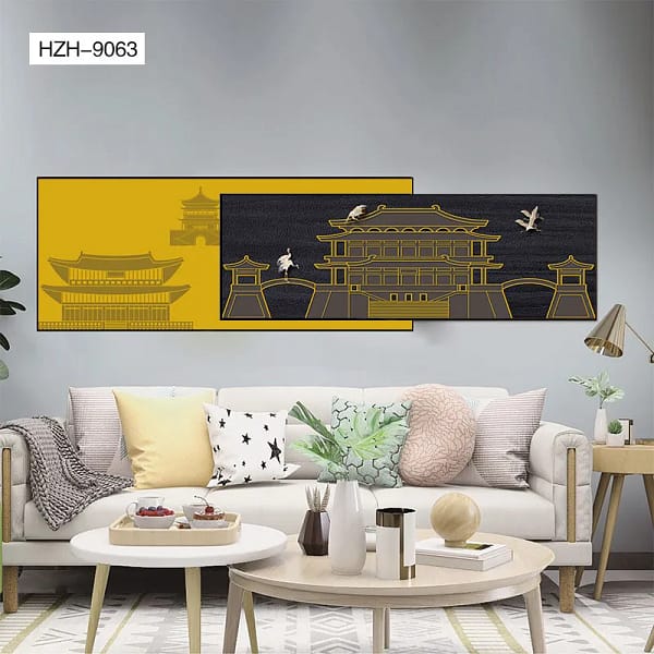Golden Asian Gatehouse with Cranes Overlay Wall Art