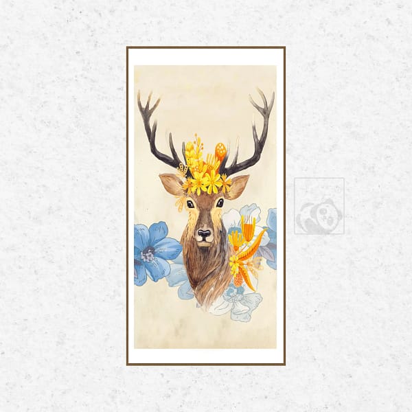 Majestic Deer with Floral and Feather Crown Watercolor Wall Art