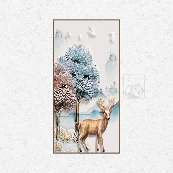 Elegant Deer with Floral Antlers in Decorative Forest Scene Wall Art