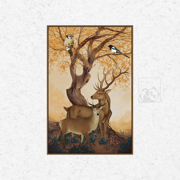 Tranquil Deer Beneath Golden Tree Classical Wall Art