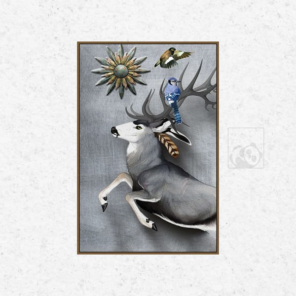 Whimsical Grey Deer with Birds Folk Art Wall Art
